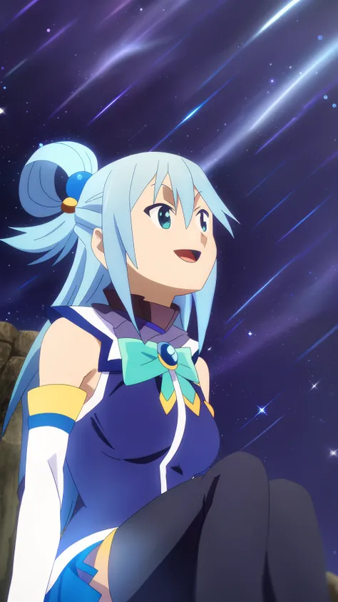 Axel; Aqua, sitting, close-up, looking up, happy; night; stars; sparkle; sky;