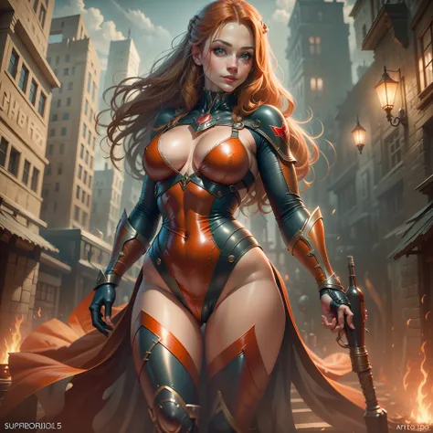 beautiful ginger women in detailed full length body latex super hero suit, air above hair, IPA award wining, masterpiece, ultimate lighting, art by top 5 artstation artists, spectacular view