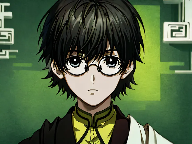 best quality, high quality cg, a chinese boy, five-sided round glasses, black eyes, medium hair, black hair, front, literati.