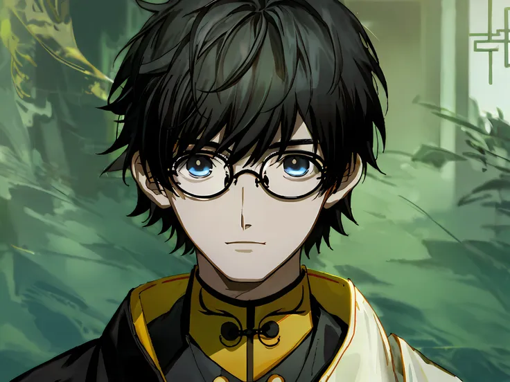 best quality, high quality cg, a chinese boy, five-sided round glasses, black eyes, medium hair, black hair, front, literati. sm...