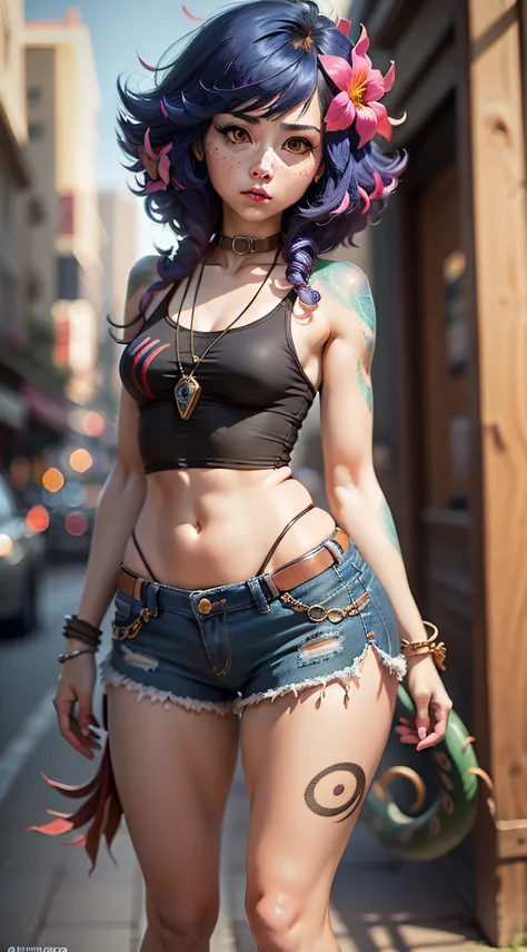 ((medium chest, thick hips, thick thighs, small head)), daylight, sunshine, (chiselled abdomen: 1.1), (perfect body: 1.1), (short wavy hair: 1.2) neeko, facial marks, hair ornaments, hair flower, bend, 1 lizard tail on the ass. [lora:neeko-nvwls-v2-000014:...
