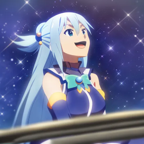 Axel; Aqua, sitting, close-up, looking up, happy; night; stars; sparkle; sky;