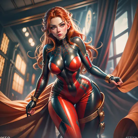 (a ultra mega huge red theater curtain on the background), beautiful ginger women in detailed full length body latex spider woman orange-white suit, air above hair, IPA award wining, masterpiece, ultimate lighting, art by top 5 artstation artists, spectacu...