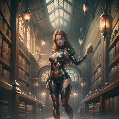 a detailed library hall, full of detailed books , dim light, a beautiful ginger women in detailed full length body latex super hero suit, air above hair, IPA award wining, masterpiece, ultimate lighting, art by top 5 artstation artists, spectacular view, c...