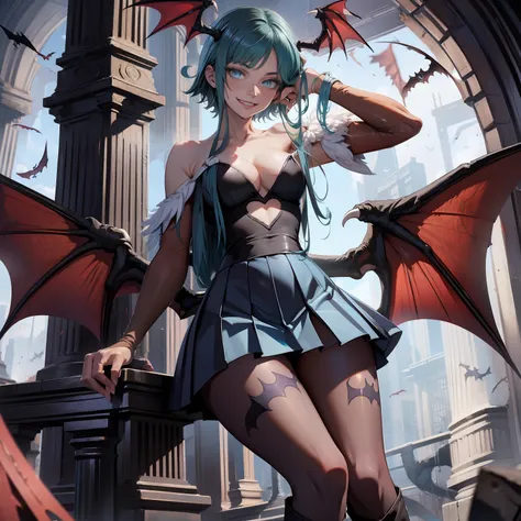 masterpiece, best quality, hi-res, 1girl, standing, blue shirt, bat wings, black hair,short hair,blue eyes,evil smile,evil smile,light blue pleated mini skirt,black boots