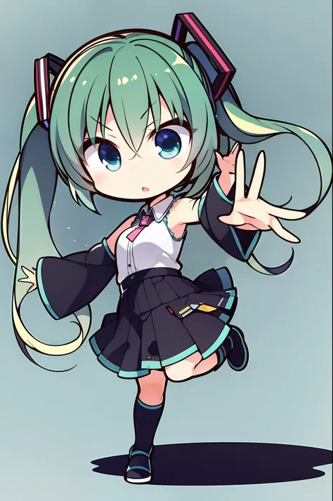 masterpiece, best quality, 1girl, solo, chibi, simple background, dynamic pose, full body, hatsune miku