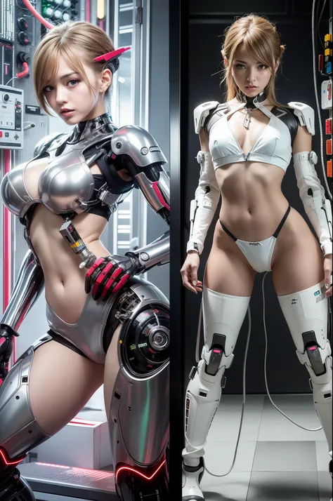 cyborg, android, robot, wiring, switch, control panel, girl, cute, sexy, strong, slender, bikini, high leg, silver, love each other, ecstasy,, pleasure, pleasure, copulation
