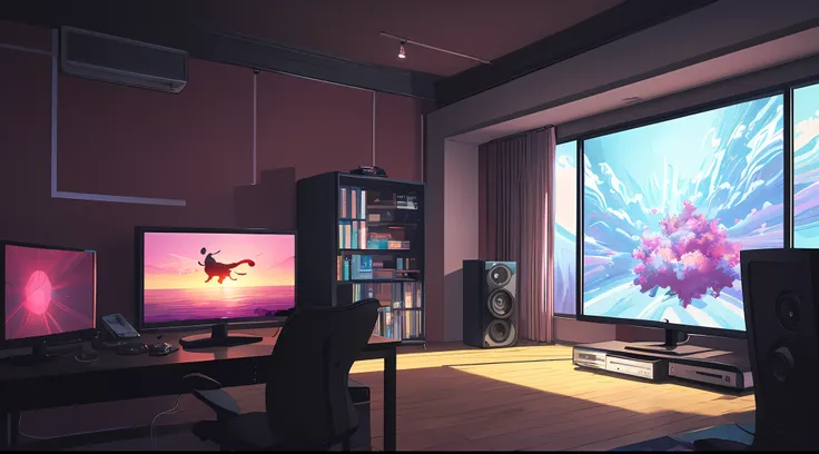 (masterpiece), (best illustration),(no humans), anime background, gaming bedroom, television with large computer, ring lighting , rim lighting,(extremely detailed CG unity 8k wallpaper),(masterpiece), (best quality), (vaporwave style), (ultra-detailed), (b...