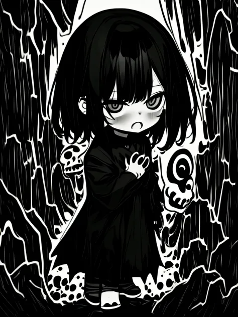 chibi girl, short black hair, gothic skrit, crisp outline, black and white, 1girl, greyscale, monochrome, solo, skull hair ornam...