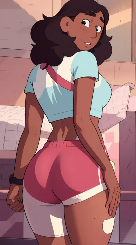 connie, steve. universe, tight shorts, shirt, standing upright, guy behind her feels her ass, chikan grop, brunette hair, sexy w...