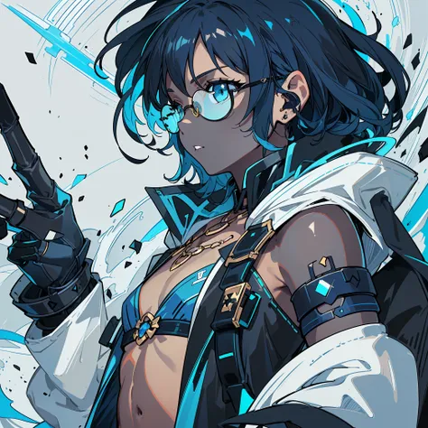 (((Profile Pic))), (((Flat Chest))) Female, (((Dark Skin)))), (((Dark Blue Hair)))), Light Blue Eyes, Round Glasses with Dark Lens, ((((Black Metallic Gauntlets)))), (((Clothes Have a Mix of Modern and Tribal))))), Clothes Are Mostly Black in Color, But wi...