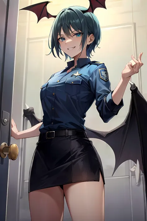 masterpiece, best quality, high resolution, solo, standing, adult woman, light blue clothes, police uniform, black hair, bat win...