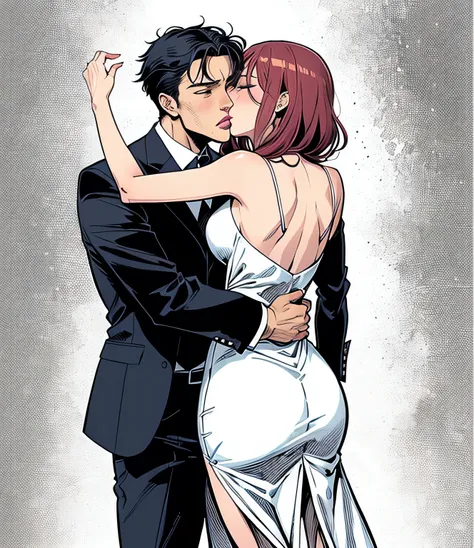 role, anime, woman face, comic drawing, sensual outfit and dress, appearing full body, a man in a suit kissing her from behind o...