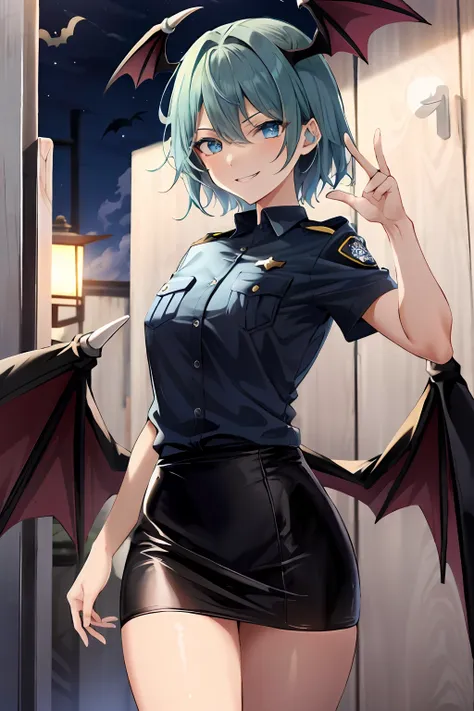 masterpiece, best quality, high resolution, solo, standing, adult woman, light blue clothes, police uniform, black hair, bat win...