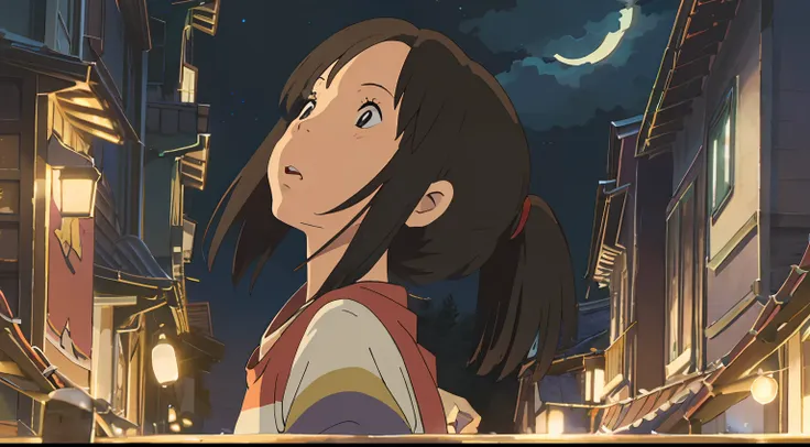 ghibli style, cute, girl, looking up at the sky, night, stars,-- rainbow 2