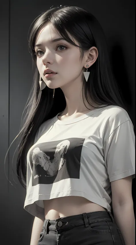 beautiful girl, plain t-shirt, t-shirt with open chest, earrings, accessories, monotone, cinematic light, ink wash, pop art, det...