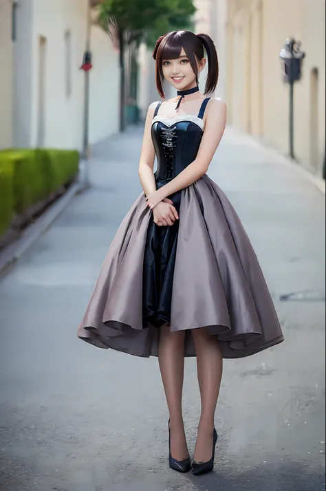 pony tails, corset, dress, choker, smiling, muted colors, cinematic, grain, sharp focus, [ulzzang-6500-v1.1:0.7], full body, high heels