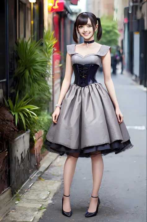 pony tails, corset, dress, choker, smiling, muted colors, cinematic, grain, sharp focus, [ulzzang-6500-v1.1:0.7], full body, high heels