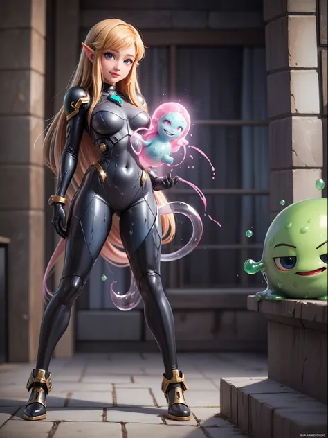 ((Full body, standing):1.5), Only Princess Zelda:wearing Samus Arans black armor with gold parts, feathers she has extremely large breasts, very short pink hair, blue eyes, is doing erotic pose, is smiling and looking at the viewer, inside an alien dungeon...