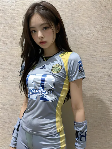 (1girl:1.3), solo, __body-parts__, kim ji-ni jennie face, wearing trendy brand, football uniform, world-weary face, cold eyes, k...