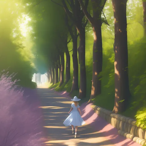 "lily joyfully strolling along a sunlit path, discovers a mystical book, on a wonderfully radiant and blissful, sunny day."