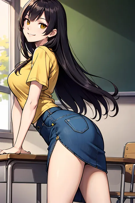 masterpiece, top quality, high resolution, evil smile, wicked smile, long hair, yellow shirt, denim skirt, long skirt, side slit, classroom