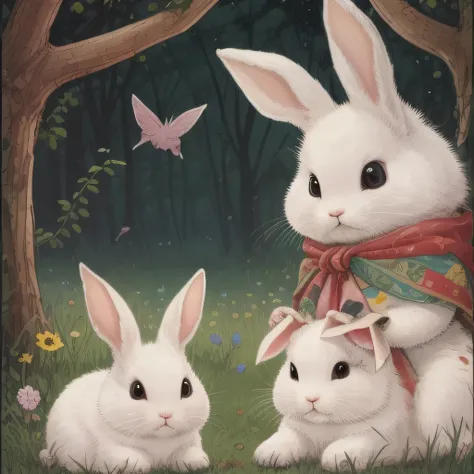 picture book illustrations for children, two rabbits crossing the bridge, white rabbit, biped, rabbit personification, three-hea...