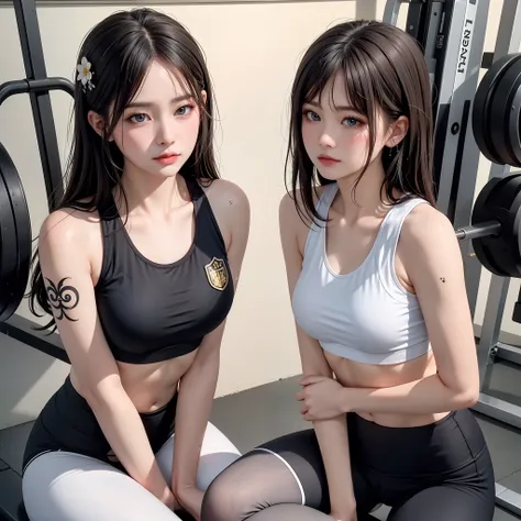 (Best quality) meticulous sportswear girl, sitting on the floor of the gym with open legs, wearing complex leggings and sports bra, highlighting slight abs, while chest tattoo in black tattoo adds a cinematic touch to the scene, cinematic lighting complete...