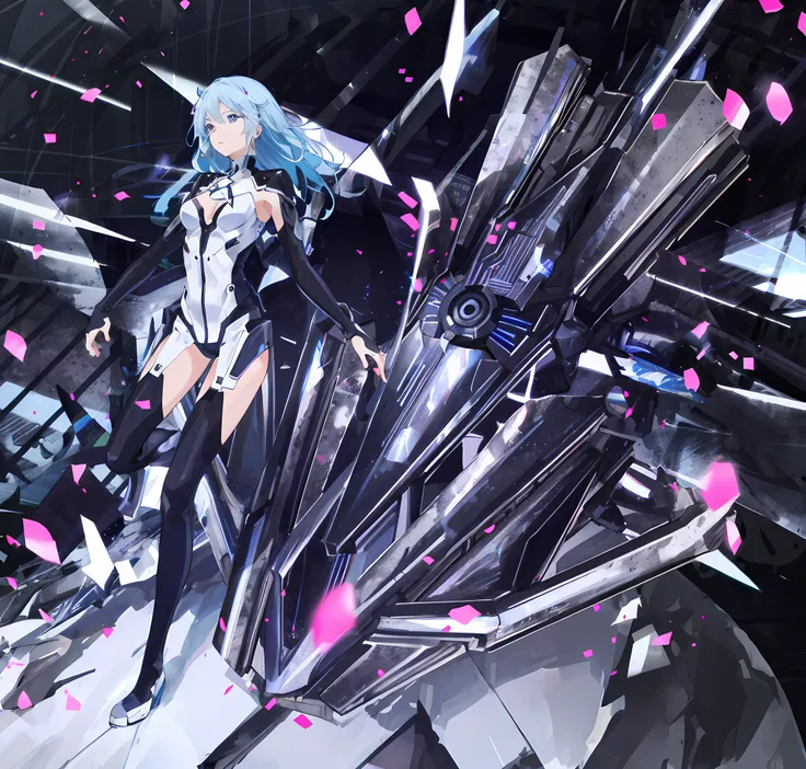 anime girl with blue hair, blue eyes and white costume standing in front of black and white background, best anime 4k konachan w...