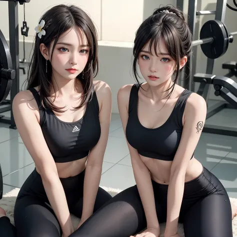 (Best quality) meticulous sportswear girl, sitting on the floor of the gym with open legs, wearing complex leggings and sports bra, highlighting slight abs, while chest tattoo in black tattoo adds a cinematic touch to the scene, cinematic lighting complete...