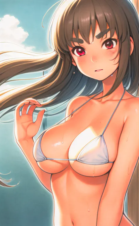 (NSFW:1.1), pocket watch, thin eyebrows, dreamy background, chest closer, chest emphasis pose, chest rubbing, one girl, face and chest up, (((white micro bikini)), young, cute, beautiful girl, ((((Sosai brown hair)))),((black eyebrows)),(Soji brown long ha...