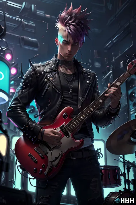 a punk with spiky hair and a leather jacket, playing drums, level4 style, hyper realistic, hd, neon