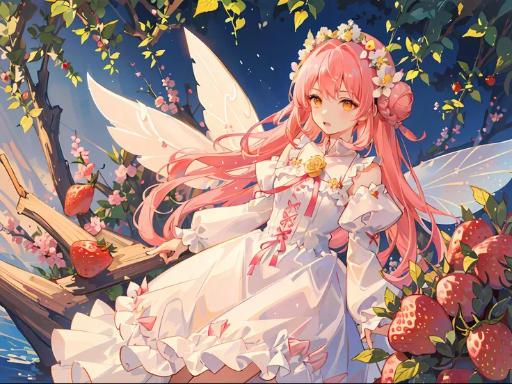 1girl. (masterpiece, best quality, ultra-detailed), strawberry garden, big berries, strawberry fairy, long white and pink embroided lace dress, pink flowy hair with buns, yellow eyes, flower crown, iridescent fairy wings, sunlight, Volumetric light.