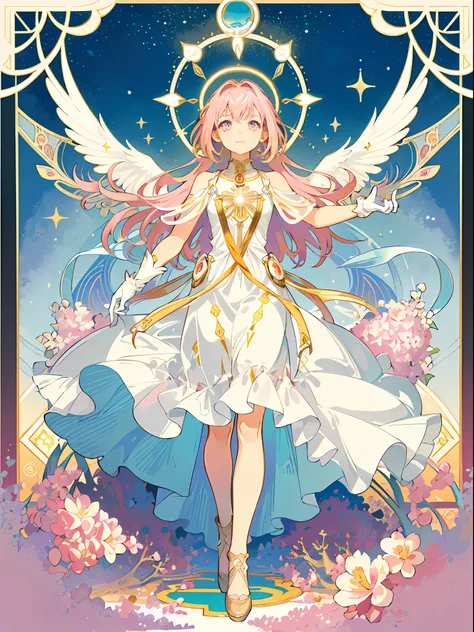 ((masterpiece,best quality)),(1girl, solo:1.4),beautiful detailed eyes, vivid, cinematic light, full_body, pink_flowers, (tarot_card), intricate, detailed background, looking_at_viewer, Madoka Kaname, hands reaching out, (flat chest), (walking), casual pos...