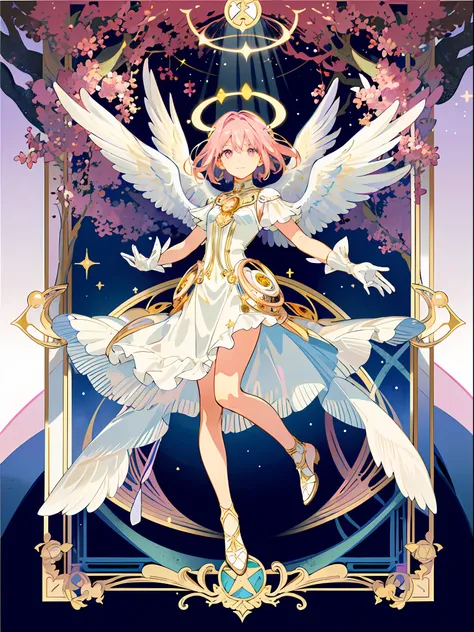((masterpiece,best quality)),(1girl, solo:1.4),beautiful detailed eyes, vivid, cinematic light, full_body, pink_flowers, (tarot_card), intricate, detailed background, looking_at_viewer, Madoka Kaname, hands reaching out, (flat chest), (walking), casual pos...