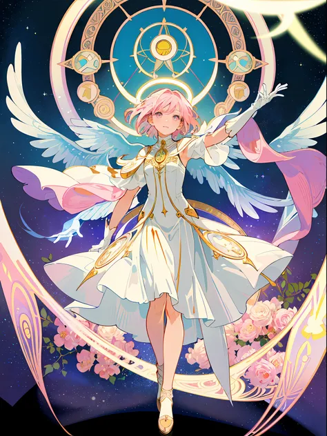 ((masterpiece,best quality)),(1girl, solo:1.4),beautiful detailed eyes, vivid, cinematic light, full_body, pink_flowers, (tarot_card), intricate, detailed background, looking_at_viewer, Madoka Kaname, hands reaching out, (flat chest), (walking), casual pos...