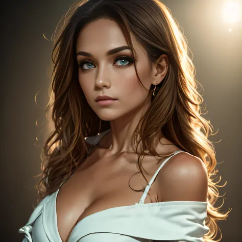 parted lips, performing in a concert, looking at camera, mic in hand, layered hair, sapphire eyes, solo focus, depth of field, soft color, realistic, perfect hair, off shoulder jacket, long sleeves, side boob in view, from above