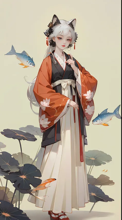 ((4k,masterpiece,best quality)), shuimobysim, Chinese painting, lotus, hanfu, maxiskit, dressed conservative 1 girl, solo, white hair, long hair, fox ears, white, fish, many fish close to girl, --auto