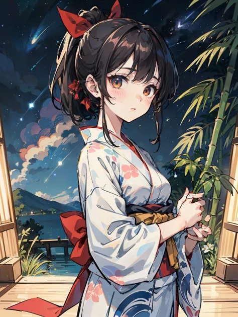 masterpiece, super high quality, super detail, perfect drawing, solo, beautiful girl, samurai, yukata, black ponytail, hair tied...