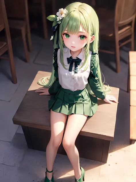 1girl, (masterpiece:1.1), (best quality:1.1), (white blouse:1.1), BREAK [blue:pink:0.5] theme, cowboy shot, full body, sideways perspective, looking at the audience, physiologically correct, BREAK emerald green hair, long hair, (emerald green eyes: 1.2), w...