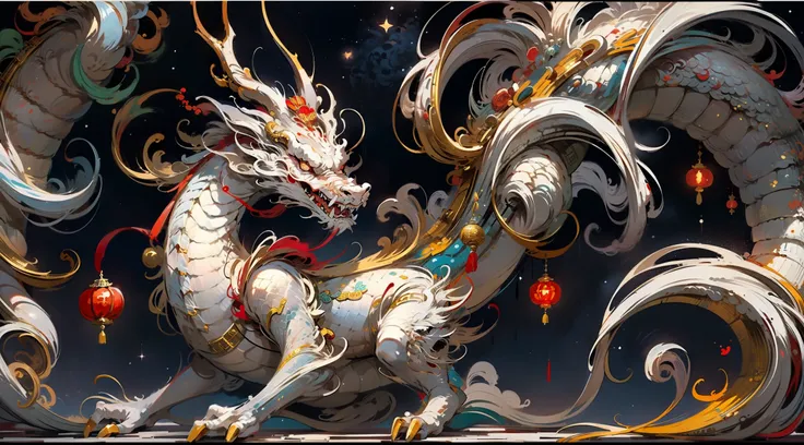 chinese traditional dragon, auspicious rui, wisdom, color matching red and white, starry sky background, dynamic sense