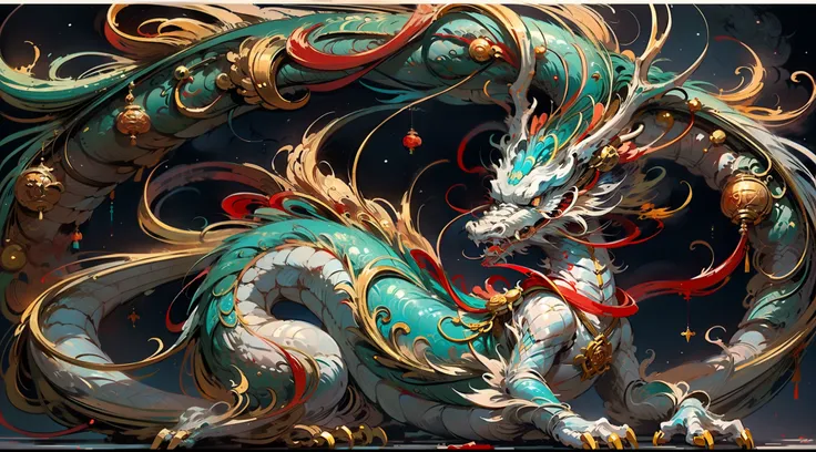 chinese traditional dragon, auspicious rui, wisdom, color matching red and white, starry sky background, dynamic sense