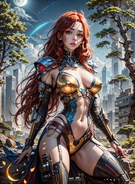 High definition (8k), Beautiful woman detailed defined body, red hair, full body sexy pose wearing cosplay conan the barbarian, medium breasts, blue uniform, metallic red, white, golden yellow high-tech, cyberpunk, futuristic, scenery with night sky with c...