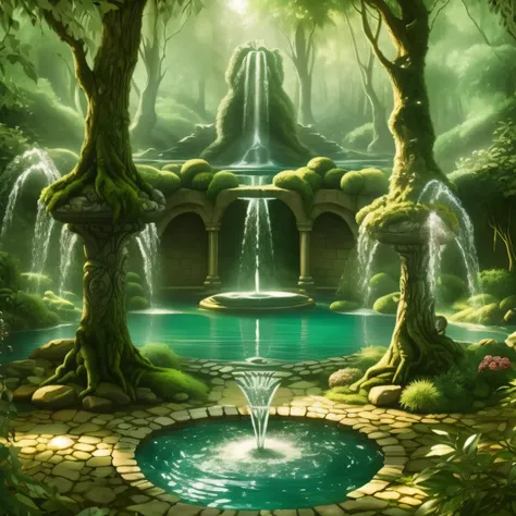 Lets create a fountain with water crisliata the water is very beautiful the fountain is realistic a work of art, beautiful, is in the middle of a very green forest, well illuminates 8k, cinema.