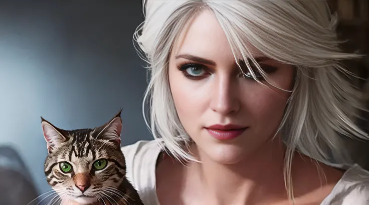 A closeup of a woman with white hair and green eyes, Ciri from The Witcher, Ciri, Witcher)), 4K photorealism, 4K photorealism, 4K hyper realistic, cinematic realistic portrait, Ciri holding a cat, 8k portrait render, ultra realistic graphics, ultra realist...