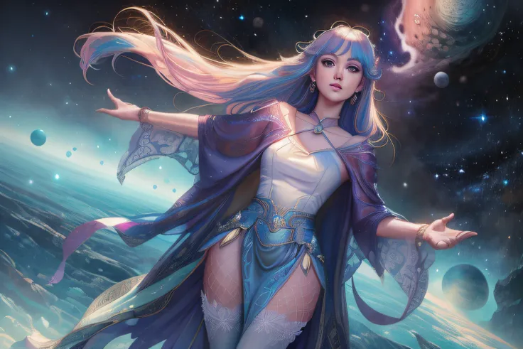 anime girl with long hair and blue dress standing in front of a planet, beautiful celestial mage, inspired by ross tran, ross tr...