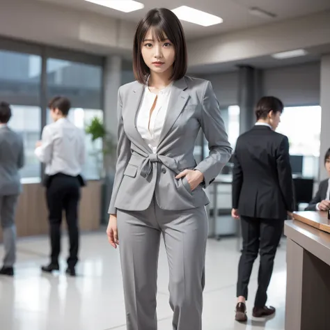 (best quality, 8k, 32k, masterpiece, uhd: 1.2), 1 girl, beautiful japan woman, thin waist, gray suit, open jacket, office lady, ...