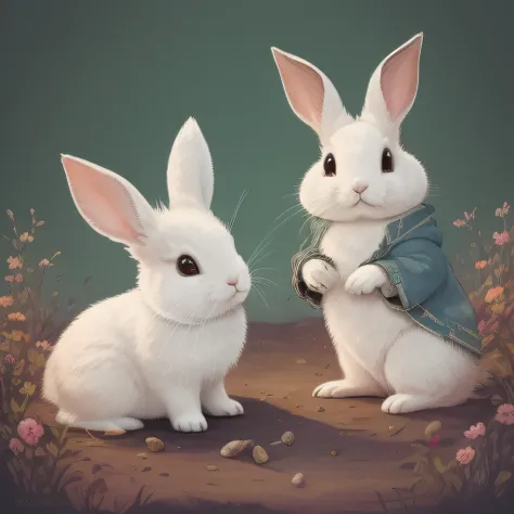 picture book illustrations for children、橋を渡る2匹のウサギ、white rabbit、biped、rabbit personification、3頭身、setting image、cuddly、two rabbit...