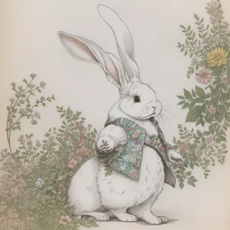 (((solo)), children's picture book drawings, rabbit in clothes, white rabbit, bipedal, rabbit personification, three-headed body...