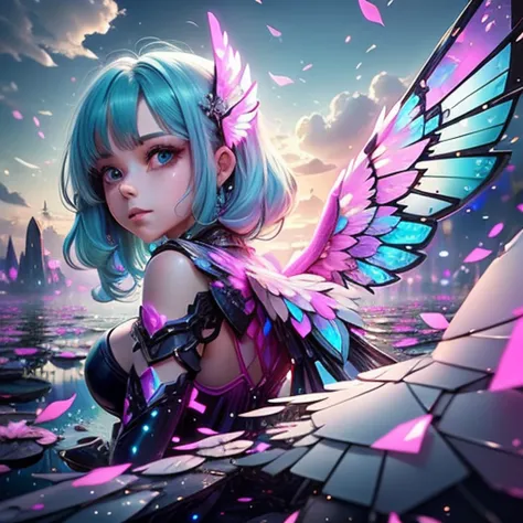 masterpiece, {beauty},solo,1 girl, pink dress, fantastic hair, neon background white wings, cloud background, lake blue hair